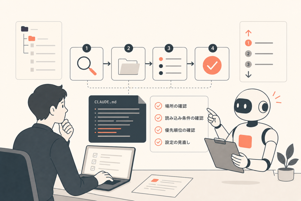 Claude CodeのCLAUDE.mdが読み込まれないときの確認方法|配置場所と優先順位の見直し手順の要点を表すアイキャッチ